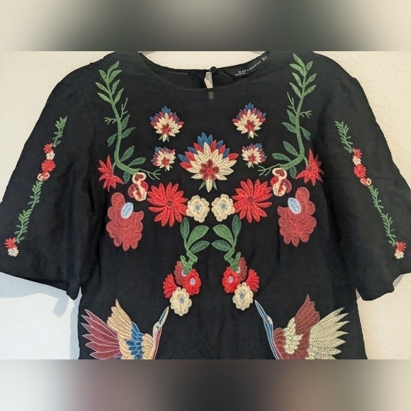 Zara Floral Birds Embroidered Silk Blend Tiered Mini Dress Feminine Bohemian - Picture 8 of 15